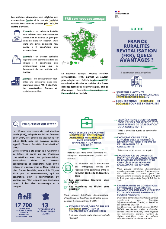 Zonage France ruralités revitalisation (FRR) : Les entreprises qui s'implantent sur les zones FRR peuvent bénéficier d'exonérations fiscales et sociales.