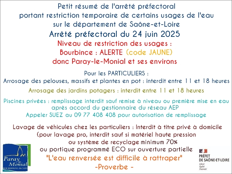 Arrêté préfectoral du 24 juin 2025 portant restriction temporaire de certains usages de l'eau sur le département de Saône-et-Loire